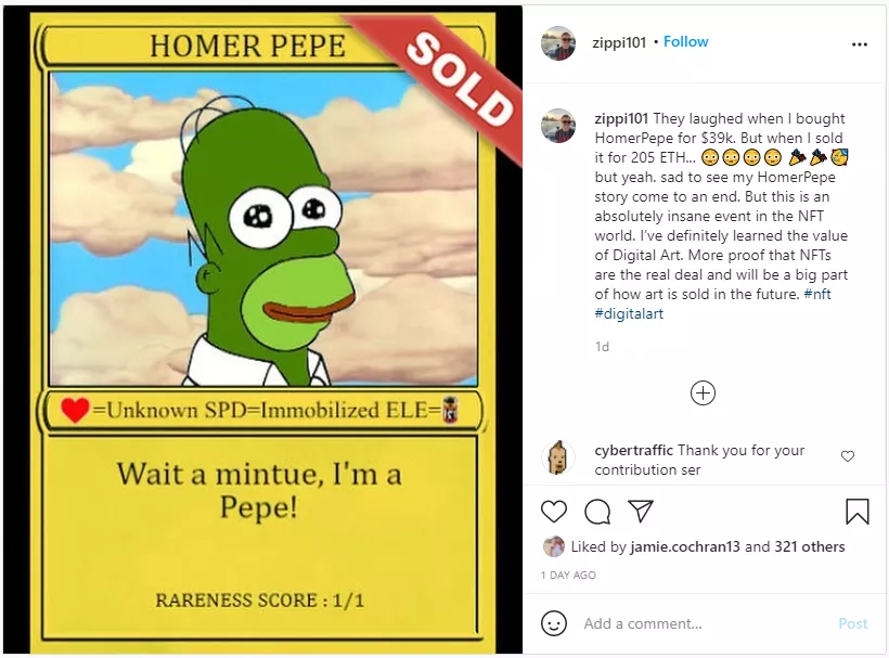 “Homer Pepe”2021年3月以205 ETH（約32萬美元）的價格售出