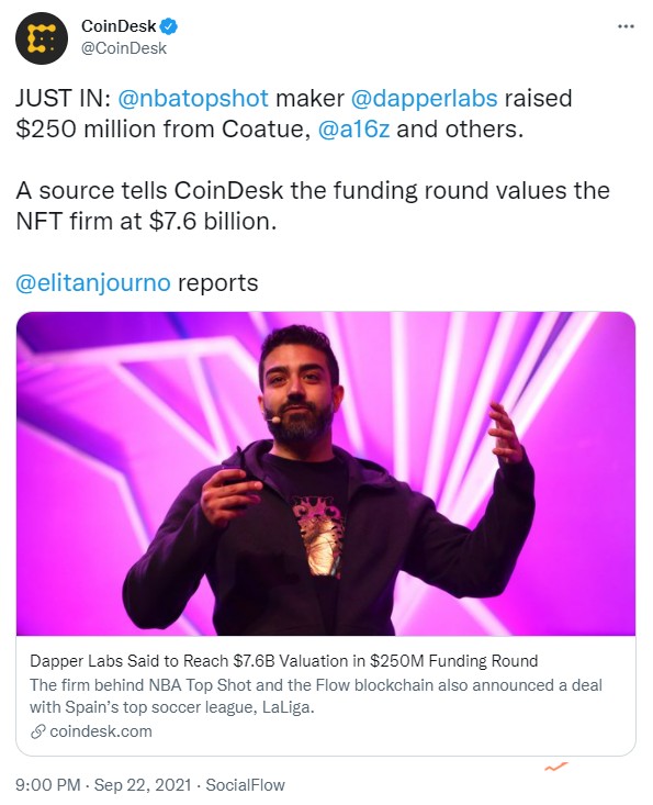 NBA Top Shot 的開發公司Dapper Labs 完成2.5 億美元融資，a16z、Google Ventures等參投