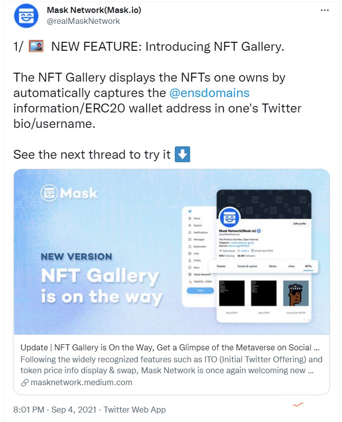 Mask Network 插件上線推特NFT 展示功能