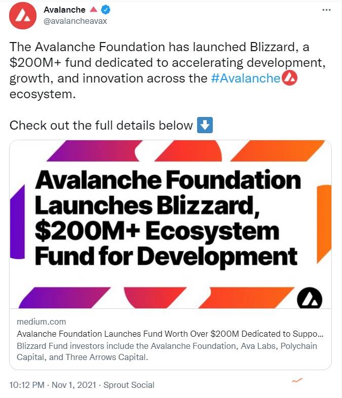 Avalanche基金會推出2 億美元專項基金“Blizzard”，以加速其生態發展和創新