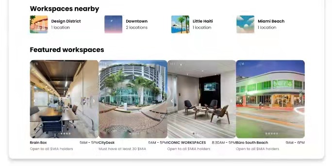 上圖為MiamiCoin 黑客松獲勝項目：該網站允許共享辦公空間向MiamiCoin 持有者提供優惠。