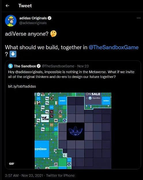 阿迪達斯宣佈在TheSandbox買地推特