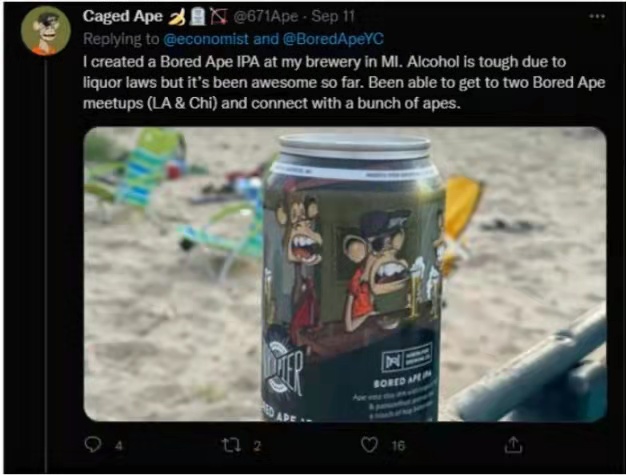 （twitter上有NFT持有者分享了他如何在密歇根州的啤酒⼚使⽤⽆聊猿形象來⽣產啤酒）