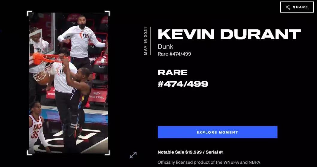 第一批含有凱文-杜蘭特扣籃片段的NFT賣出了近20,000美元。圖片來源：NBA Top Shot。