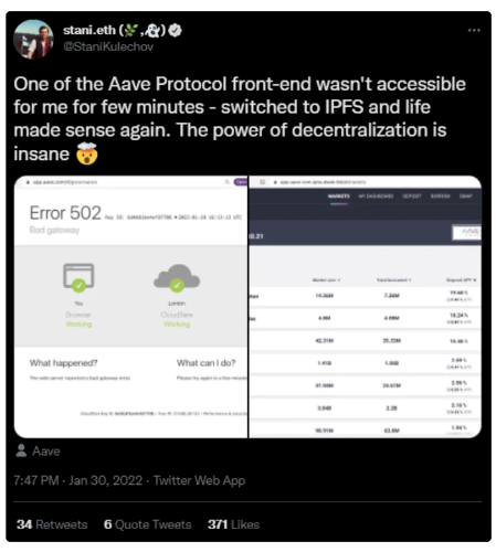 圖7：Aave 創始人Stani Kulechov 在推特上表示，Aave dApp 前端於2022 年1 月20 日下線，但仍可通過IPFS 託管的網站副本訪問