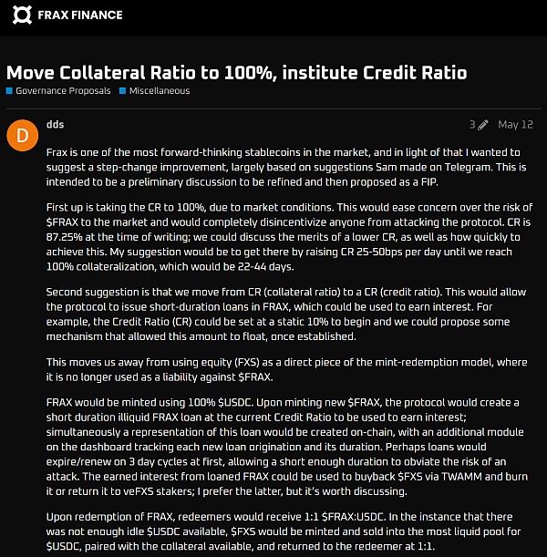 提案來源：https://gov.frax.finance/t/move-collateral-ratio-to-100-institute-credit-ratio/1371