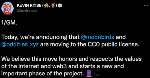 Kevin Rose 推文宣布Moonbirds 都將轉為CC0 許可