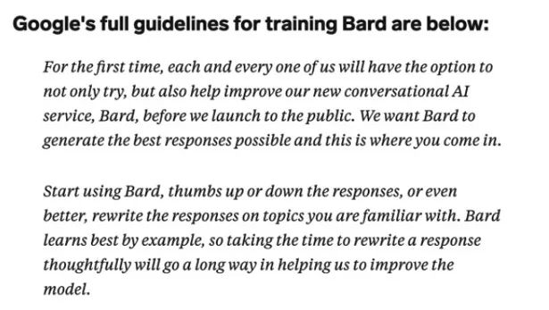 谷歌此前提供給員工的Bard訓練指南，圖片來自Business Insider