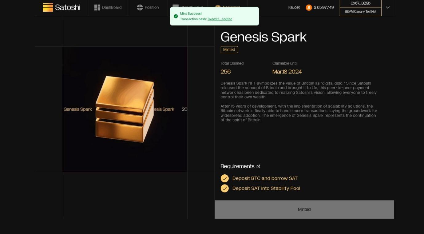 BTC Layer2 首發穩定幣協議Satoshi Protocol 於BEVM 測試網啟動，完成任務領取Genesis Spark NFT