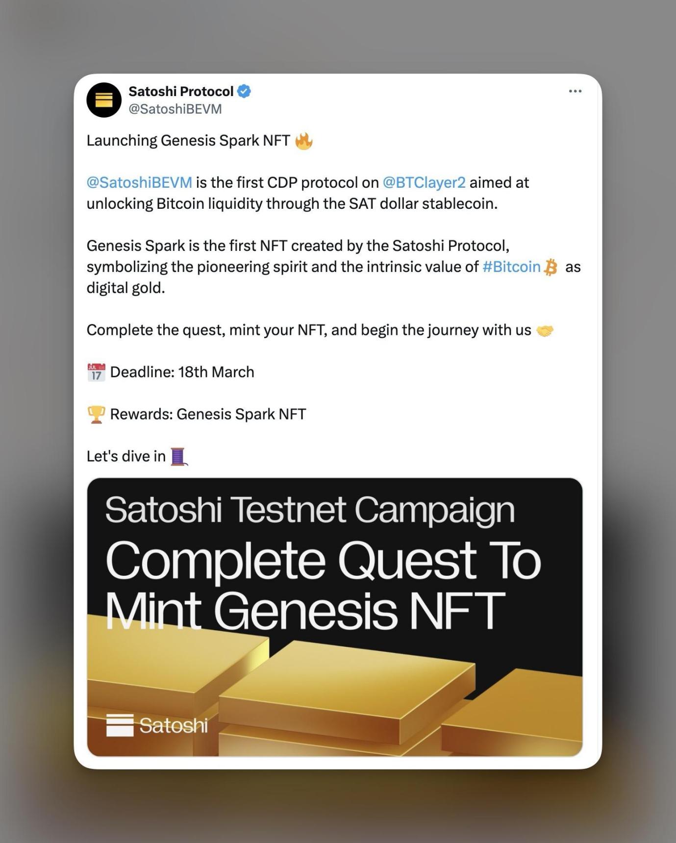 BTC Layer2 首發穩定幣協議Satoshi Protocol 於BEVM 測試網啟動，完成任務領取Genesis Spark NFT