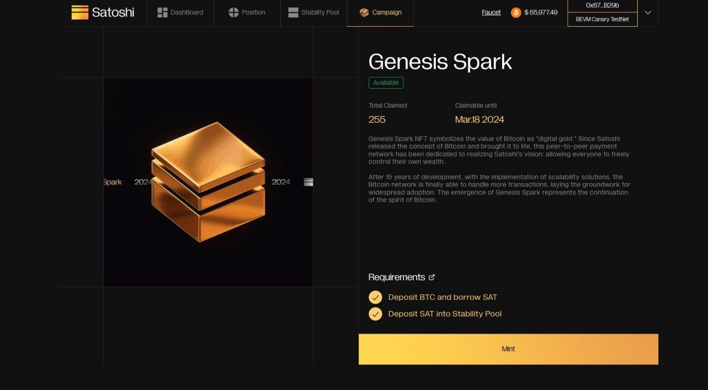 BTC Layer2 首發穩定幣協議Satoshi Protocol 於BEVM 測試網啟動，完成任務領取Genesis Spark NFT