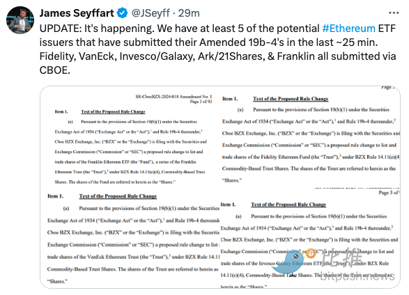 以太坊ETF發行商“連夜趕工”，市場情緒仍高漲